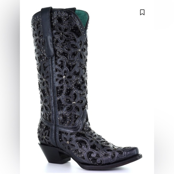 Corral Shoes - CORRAL RARE WOMEN'S BLACK GLITTER INLAY FLORAL OVERLAY  SNIP TOE COWBOY BOOT